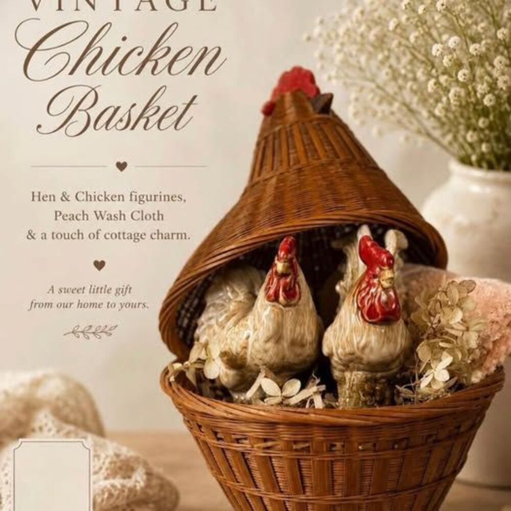 Vintage Rooster Basket Decor | Farmhouse Chicken Basket | Cottage Kitchen Decor